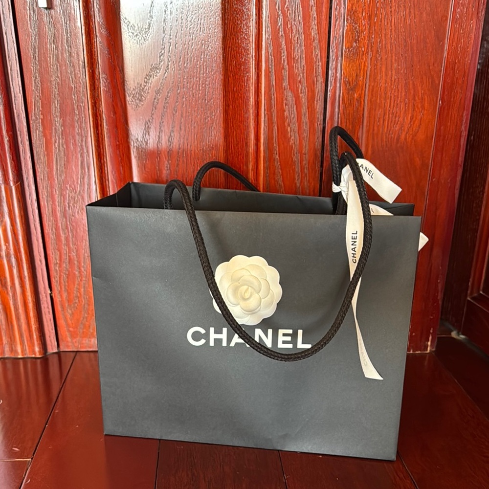 CHANEL Black Shopping Tote with White Logo